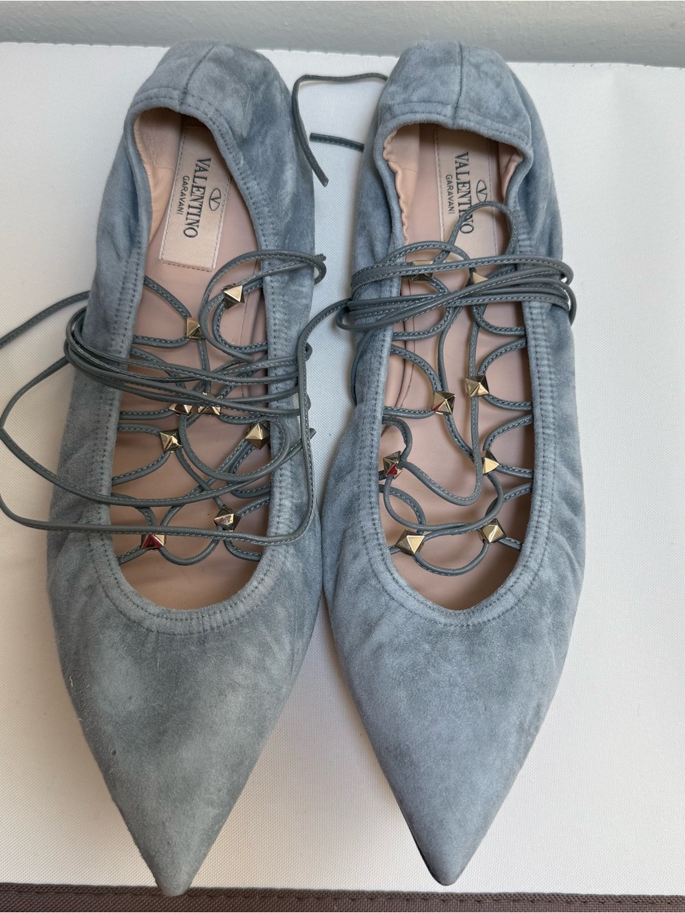 Valentino Gray Suede Pointed Rockstud Lace-Up Flats